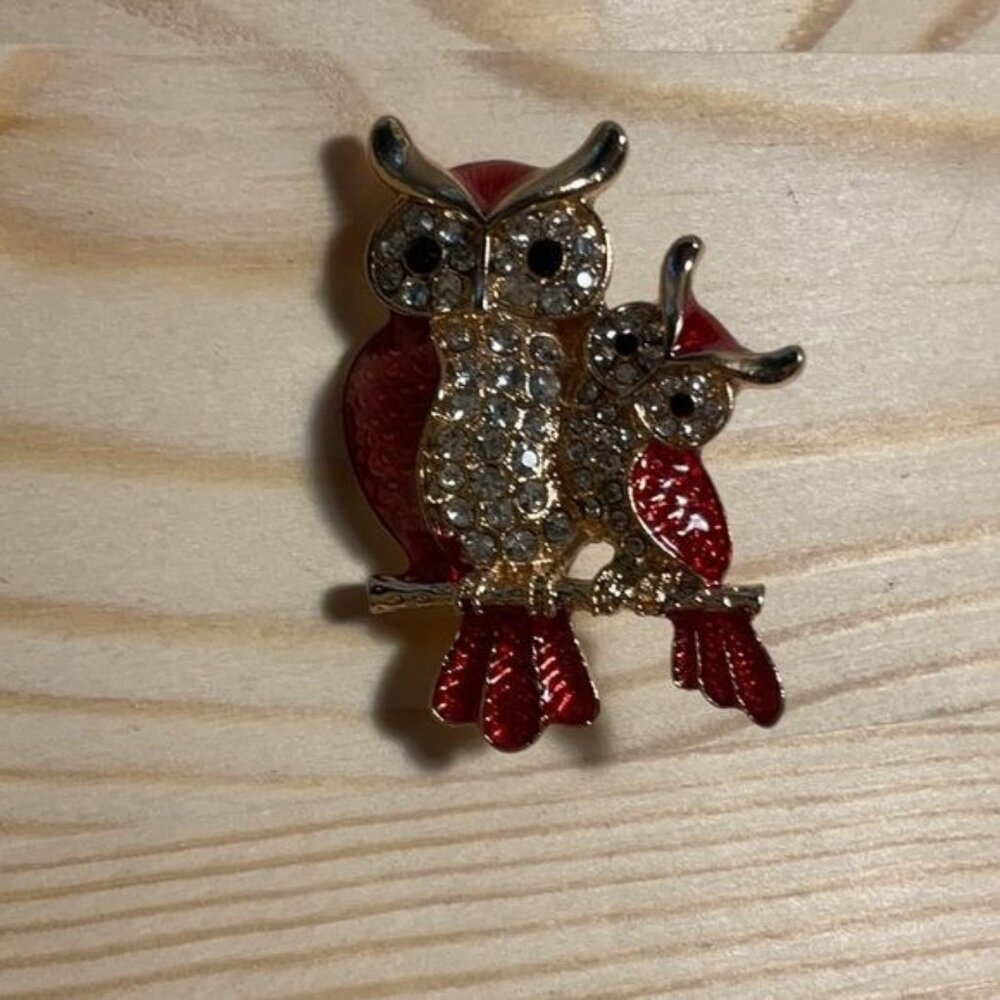 Red Enamel Clear Inlaid Rhinestone Owl Brooch Pin